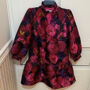 AVARA Floral Puff-Sleeve Peplum Dress - Pink & Black